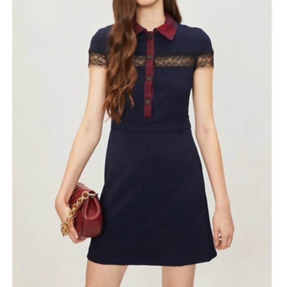 NWT $260 MAJE Riloid lace-trim crepe dress in Navy - size Maje 2!